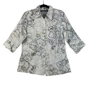 2/$30 Chicos 100% Linen Button Down Shirt Size S Floral Whimsical Oversized Boho